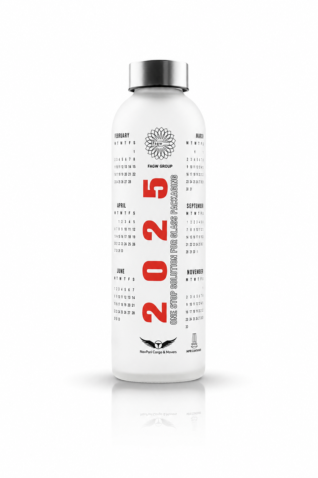 Calendar Printed Glass Water Bottle with metal lid